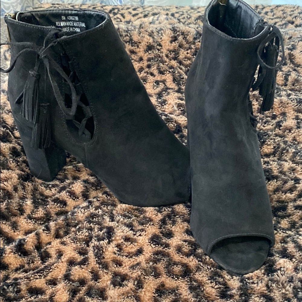 Black Suede Peep-Toe Ankle Booties with Lace-Up Detail